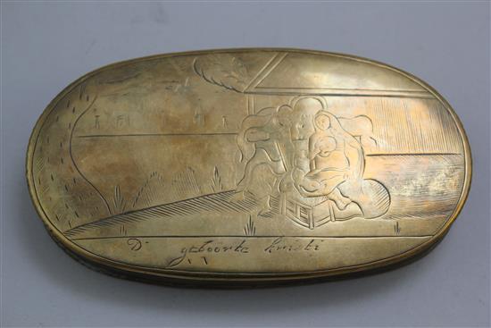 An 18th century Dutch engraved copper and brass tobacco box, largest 6.25in.